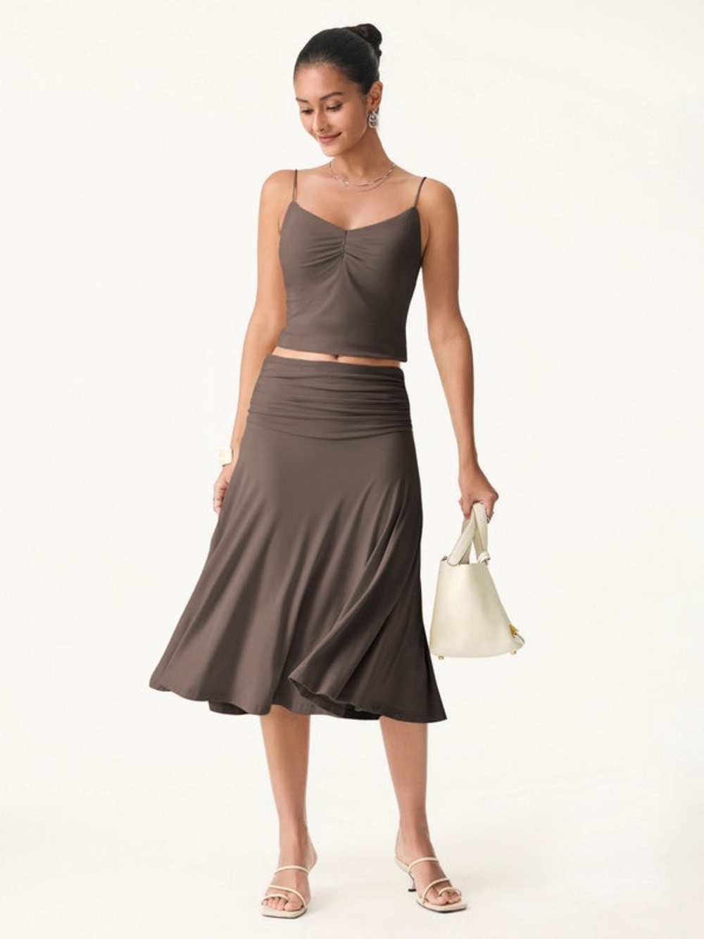 OGL Eco-SkinKiss®
Flowy Side Ruched A-line Midi Skirt Iced Mocha NWT Small
